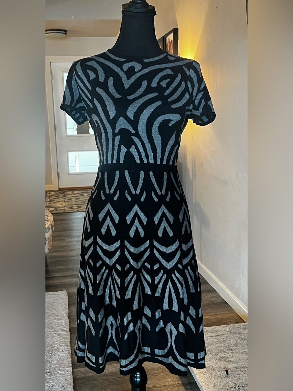 Loft Black and Gray Patterned Fit-and-Flare sweater Dress